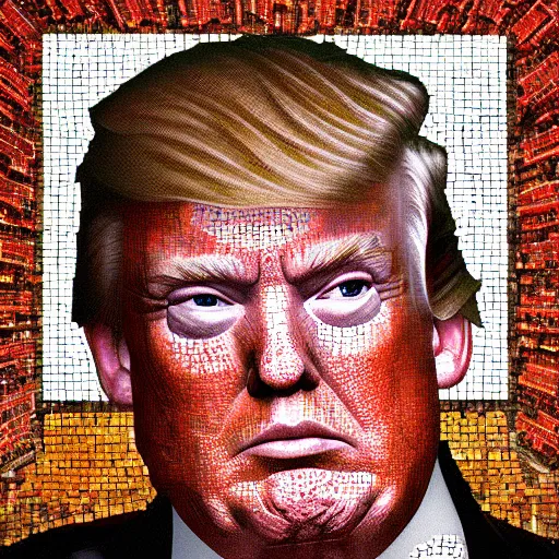 Prompt: portrait mosaic of trump with robot eyes, 4k, intricate details, digital, heaven and hell