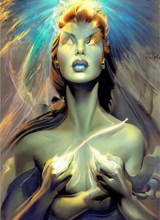 Image similar to portrait of mighty plump female sorceress, blue tiara and veil, lightning halo, strong line, muted color, beautiful! coherent! by frank frazetta, by boris vallejo