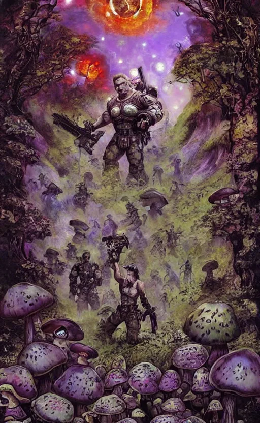 Image similar to stars in the sky fairies with detailed faces enchanted forest mushrooms on the ground psychedelic wide angle shot white background vector art illustration gears of war by frank frazetta