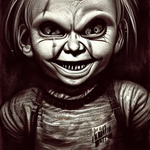 Image similar to surrealism grunge cartoon portrait sketch of chucky with a wide smile, by michael karcz, loony toons style, freddy krueger style, horror theme, detailed, elegant, intricate