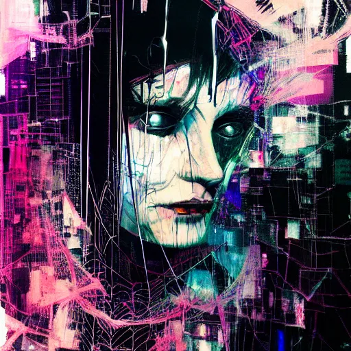 Prompt: i live in vr cyber dreams, glitchcore wires, machines, by jeremy mann, francis bacon and agnes cecile, and dave mckean ink drips, paint smears, digital glitches glitchart