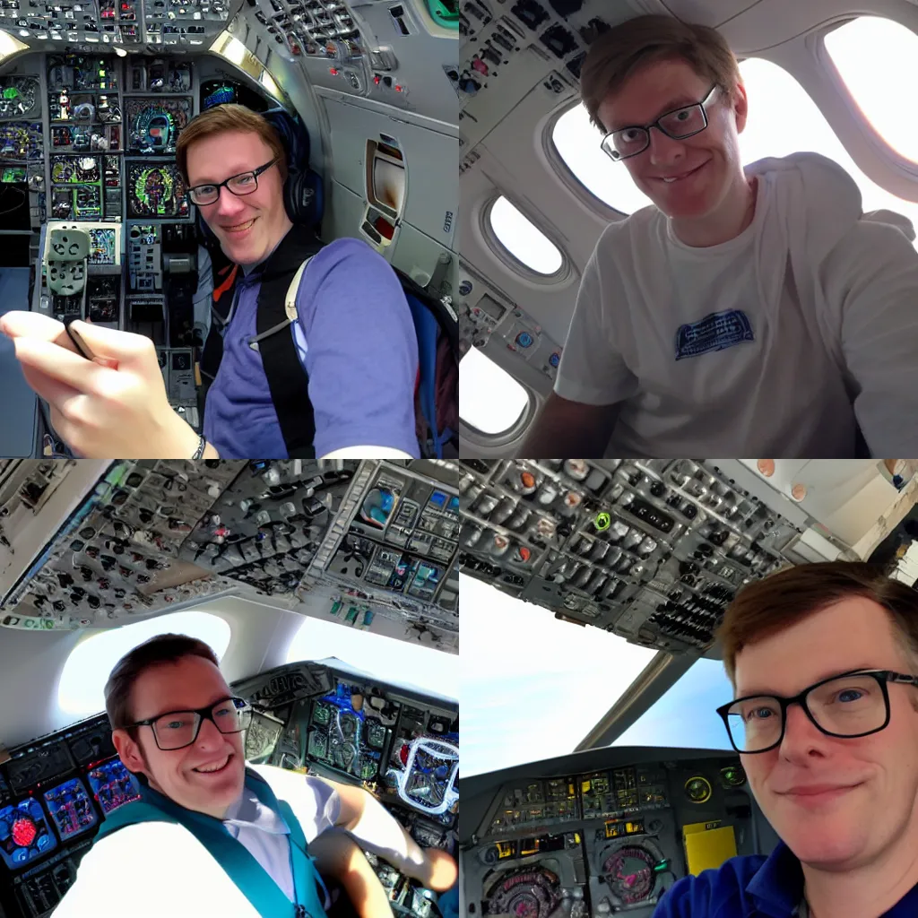 Prompt: Scott the Woz taking a selfie in an airplane cockpit, photo