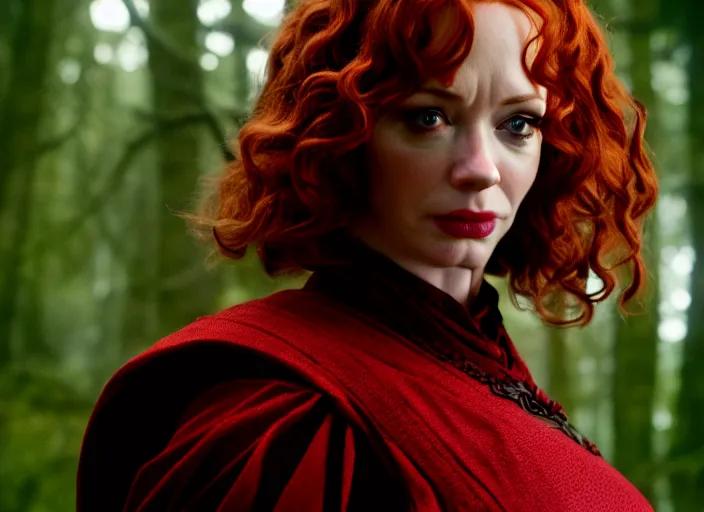 Image similar to filmstill christina hendricks the - lord - of - the - rings, 1 0 0 mm lens, canon eos, red cinema camera, frontal view, dynamic pose, intricate, elegant, highly detailed, centered, redshift, octane, smooth, sharp focus, zeiss lens,