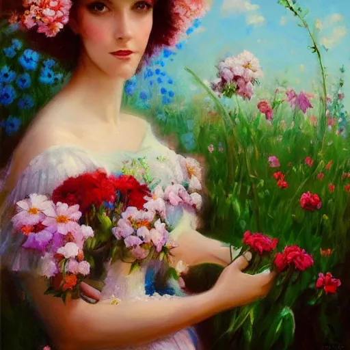 Image similar to a portrait of a romantic woman with flowers grow out of hair, roses peonies forget-me-nots dahlias lupins gladioli, sky theme in background, by Alexandr Averin, Digital Art, Trending on artstation