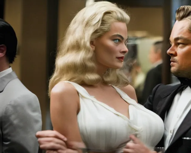 Image similar to leonardo dicaprio as the wolf of wall street next to margot robbie as naomi from the wolf of wall street, hyper realistic faces, hyper realistic eyes, cinematic, long shot, hyper detailed, 8 5 mm photograph, 8 k resolution, film still, sharp lens, wide lens