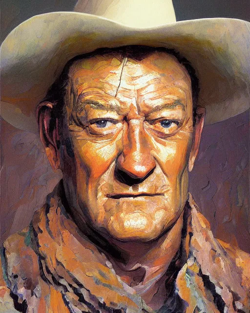 Image similar to painterly portrait, john wayne as a cowboy, impasto, fantasy, chuck close:7, carl spitzweg:7, cinematic light, full face, symmetrical face