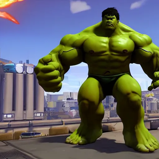 Prompt: The Hulk as a character in the game Overwatch, Gameplay Footage, detailed face, action shot