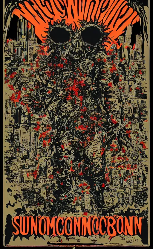 Image similar to 8 k cursed with necronomicon horrorcore cel animation poster depicting sunflowers spattered with blood, intricate, metropolis, 1 9 5 0 s movie poster, post - processing, vector art