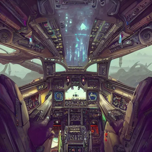 Prompt: intricate detailed victorian goth interior of a catholicpunk spaceship cockpit by peter mohrbacher and dan mumford, cgsociety, volumetric light