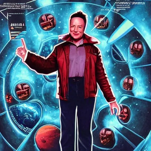 Image similar to movie poster of elon musk as a villain who looks at the planet mars with a macabre smile, his face is illuminated with a red light, drew struzan style