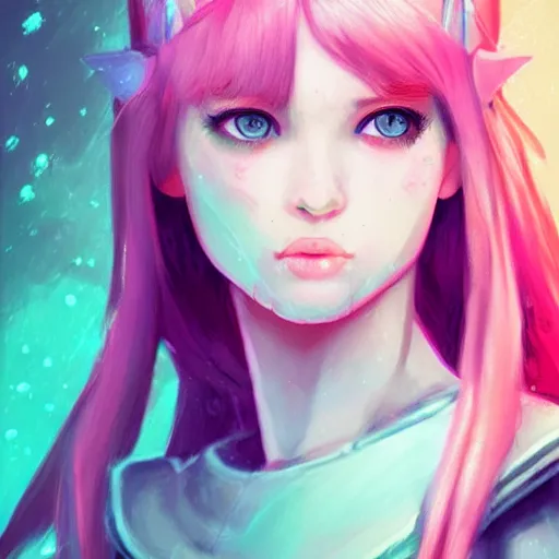 Image similar to girl elf portrait, elven warrior princess, head and shoulders, matte print, pastel pink, neon highlights, digital art, cute freckles, digital painting, fan art, elegant, pixiv, by Ilya Kuvshinov, daily deviation, IAMAG