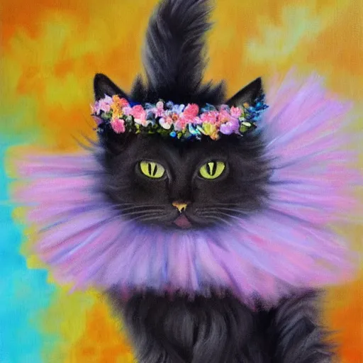 Prompt: anthromorphic fluffy long haired cat dressed in tutu with flower crown, detailed 4 k oil painting