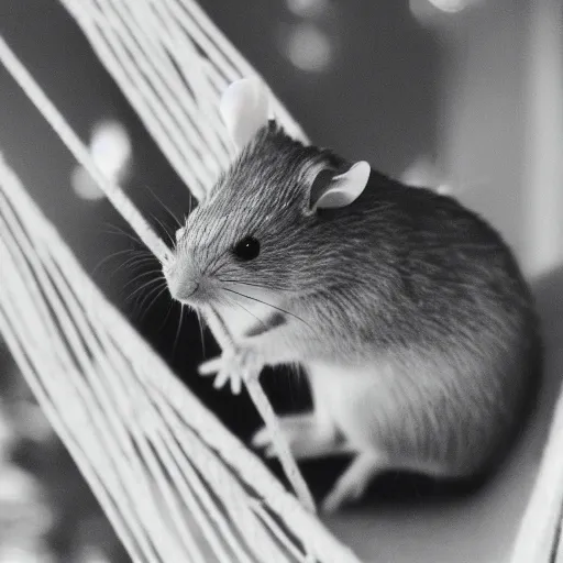 Prompt: Grainy 35mm photograph of a mouse laying in a hammock