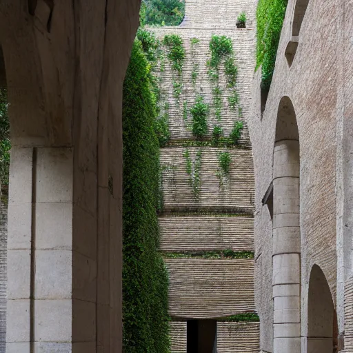 Image similar to courtyard complex of a labyrinthine monastary made of iteratively stacked stones, fusion of carlo scarpa and louis kahn, ivy growing on the bricks, people walking around and sitting on steps, architectural photography