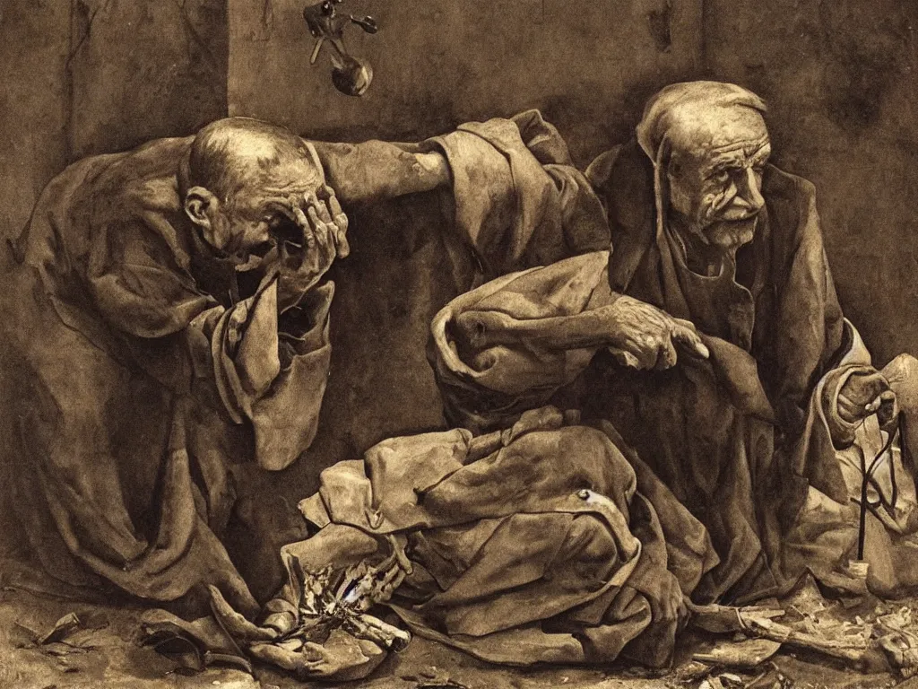 Prompt: Old man heating his hands at a fire. Painting by Georges de la Tour, Roger Ballen