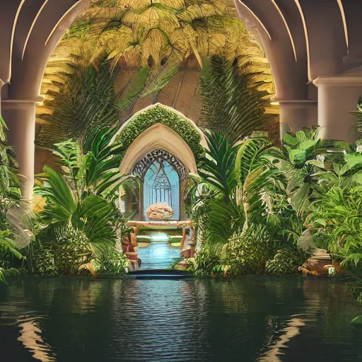 Prompt: cathedral interior with koi pond in the middle surrounded by palm trees, flowers, roses, tropical plants, and archways. photorealistic lighting rendered in octane