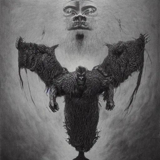 Image similar to creature with with four faces : eagle, bull, man, lion. drawn by zdzislaw beksinski