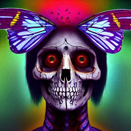 Prompt: a portrait of a skelton with moth wings, highly detailed, digital photo, hdri, by christopher bretz and john carpenter, vivid colors, high contrast, 8 k resolution, intricate, photorealistic, smooth, psychedelic color scheme, concept art, award winning, cg society contest winner