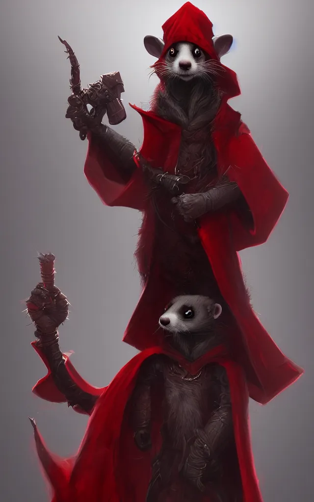 Image similar to a anthropomorphic ferret is a dark warlock dressed red robes, he's very menacing and evil, hyperdetailed, artstation, cgsociety, 8 k