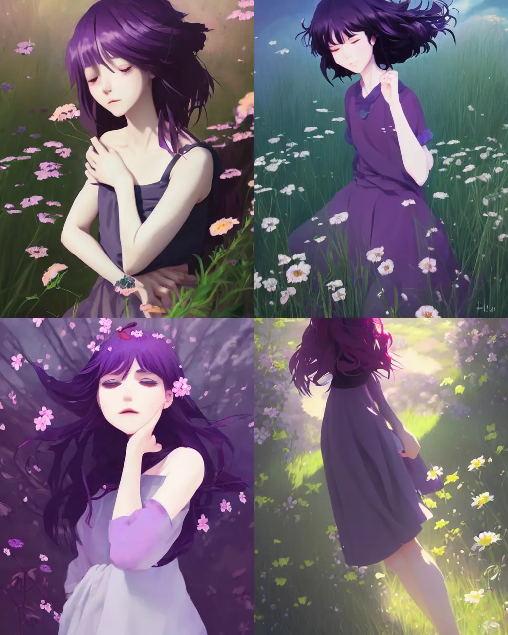 Prompt: girl with purple hair and black skirt, there are many flowers around, a beautiful half - length photo, illustration,, top lighting, perfect shadow, soft painting, art by hidari and makoto shinkai and wenjun lin