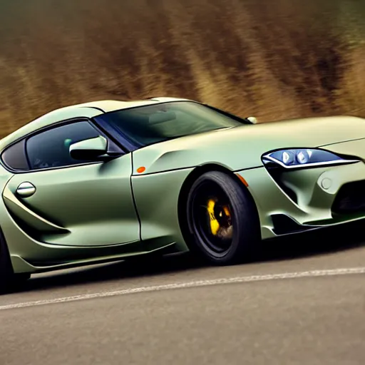 Image similar to Matte olive green Toyota Supra mk5 on highway, hyper realistic, car photography, 8k,