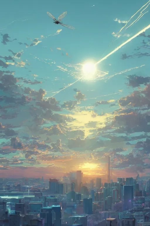 Prompt: the sun in several fragments over a giant DJ mixer artwork by Tomer Hanuka Rendering with an giant dragonfly flying over it. full of details, by Makoto Shinkai and thomas kinkade, Matte painting, trending on artstation and unreal engine