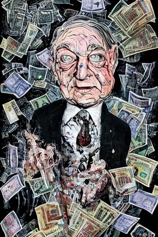 Image similar to George Soros full body shot, dollar bills Body horror, biopunk, by Ralph Steadman, Francis Bacon, Hunter S Thompson