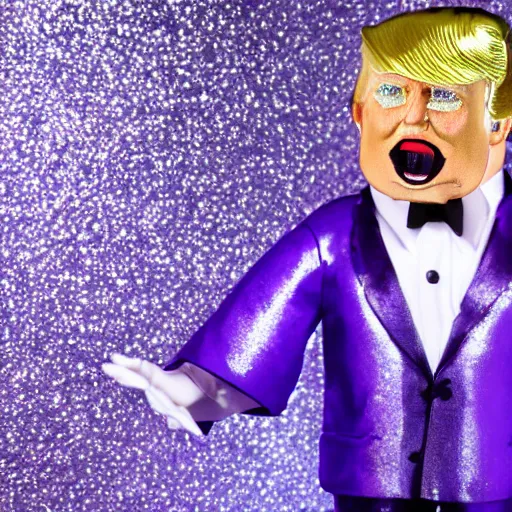 Image similar to Donald Trump with silver-violet hair, white eyes and golden glittery dress, wide lens, diorama, 4k,