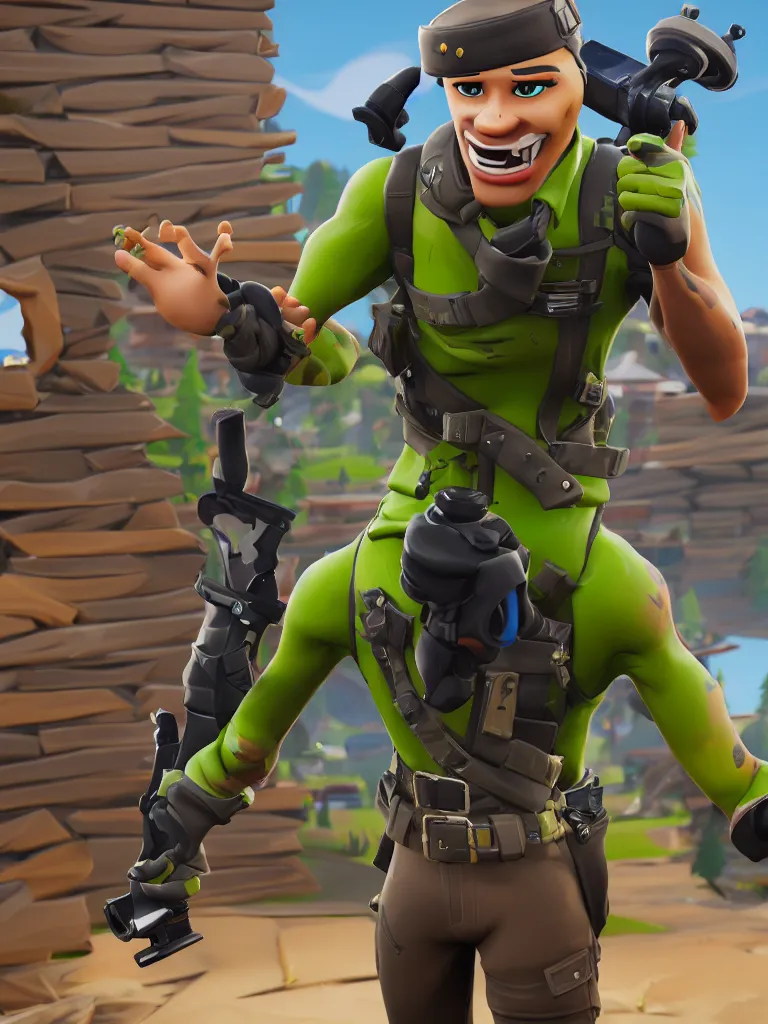 Image similar to fortnite character anthropomorphic pickle kind eyes and a derpy smile. flak jacket ammo bandolier cargo pants black combat boots. fortnite, unreal engine, highly detailed