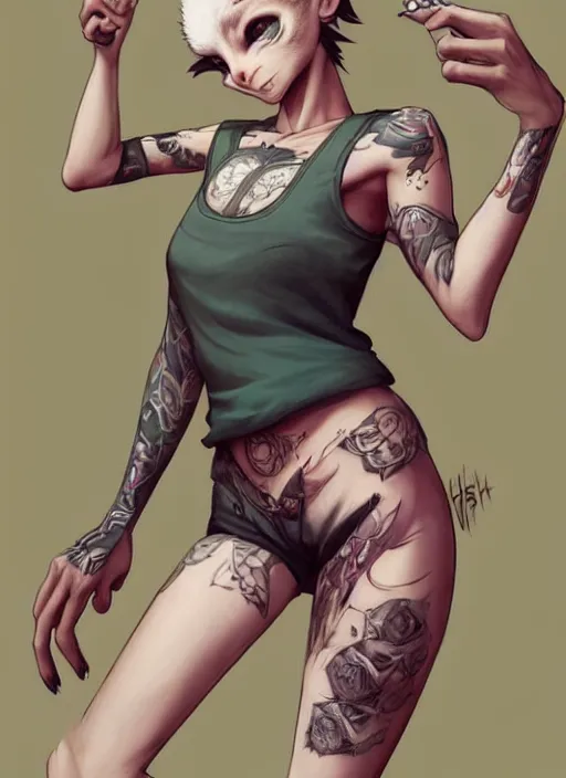 Image similar to character portrait of a female humanoid opossum fursona wearing a tanktop and shorts with arm tattoos. Character design by charlie bowater, ross tran, artgerm, and makoto shinkai, detailed, inked, western comic book art