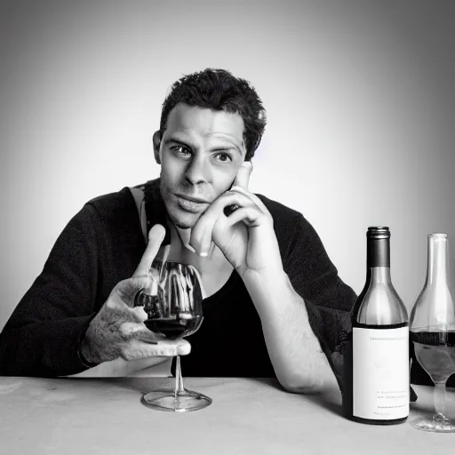 Image similar to portrait of a 3 0 years old frenchman in 2 0 2 0 seated at a table with a bottle of wine. award winning photography, 5 0 mm, studio lighting, black and white, contrasted.