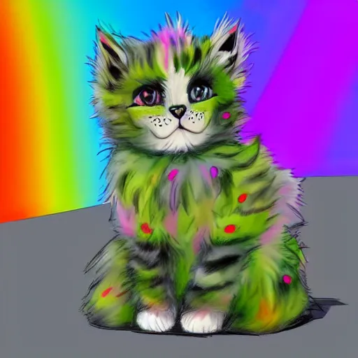 Image similar to wide angle full body, of a fluffy cute rainbow kitten wearing a black motorcycle jacket, concept art