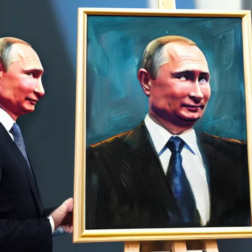 Image similar to oil painting of vladimir putin holding the world