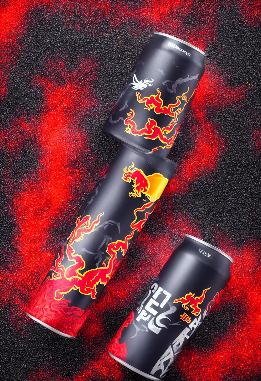 Prompt: one giant aluminium can of a dragon-flavored energy drink, in the style of Red Bull, professional studio photography, black sand and red lava background, packshot