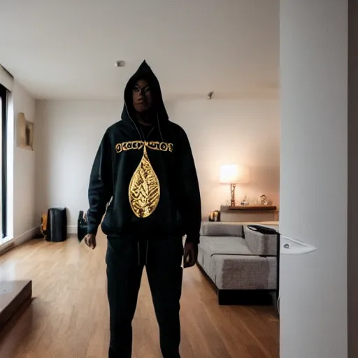 Image similar to cool black guy, wearing a golden kappa hooded sweatshirt, photo inside apartment, digital camera