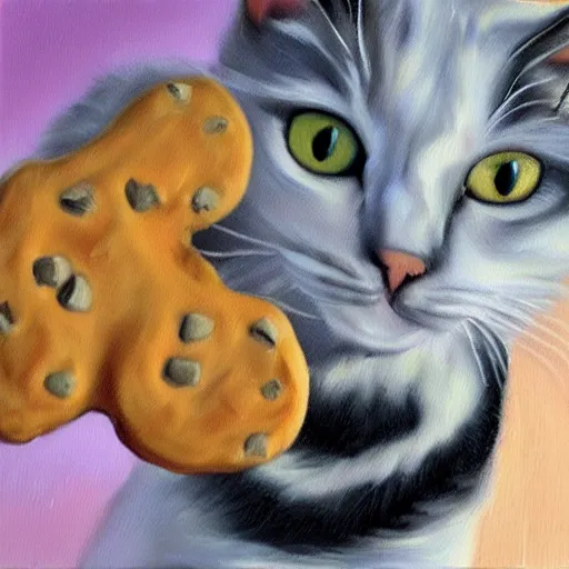 Image similar to realistic oil painting of a cat with a cookie on one paw