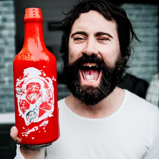 Prompt: man with short beard grinning sinisterly in a wedding dress holding a bottle of sriracha