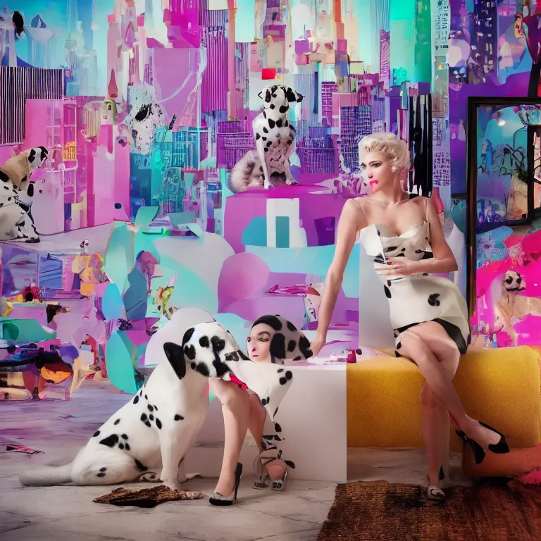 Image similar to vogue photoshoot octane render of 1 0 1 dalmatian with white background, focus bright colorful pastel exotic vintage boutique hotel lounge, very short depth of field, bokeh