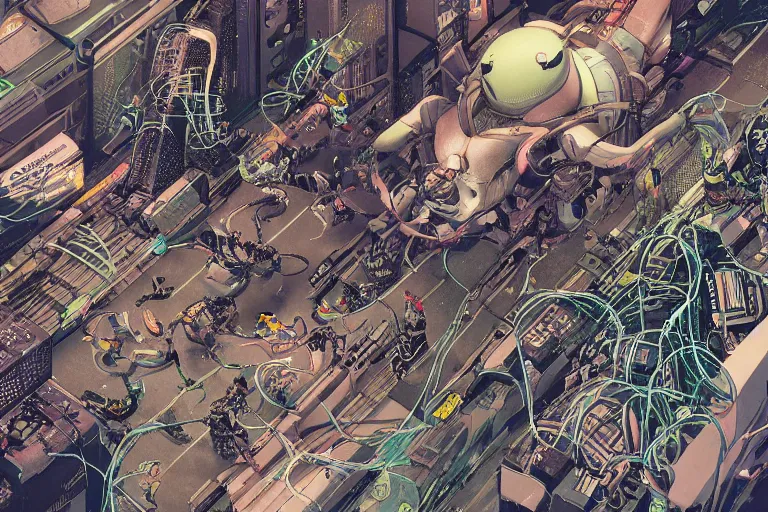 Image similar to a hyper-detailed cyberpunk illustration with a group of android females lying over an empty floor in various poses, with their bodies open and cables and wires coming out, by masamune shirow and katsuhiro otomo, view from above, close up
