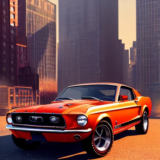 Image similar to 1 9 6 8 ford mustang during golden hour, view of new york in warm light, highly detailed, artstation, concept art