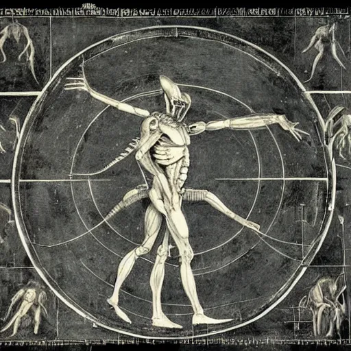 Prompt: a diagram of a xenomorph in the style of leonardo da vinci's vitruvian man