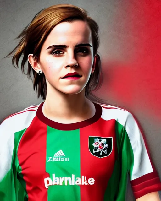 Image similar to a portrait of emma watson wearing lokomotiv football shirt, hyper realistic