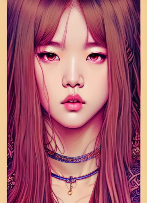 Image similar to lalisa manoban of blackpink, tarot card, highly detailed, digital painting, smooth, sharp focus, illustration, ultra realistic, 8 k, art by artgerm and alphonse mucha