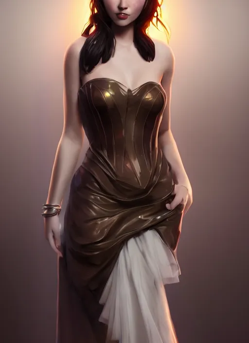 Image similar to beautiful fashion goddness, strapless dress, character portrait in the style of thomas river and artgerm, wlop, cinematic lighting, hyperdetailed, 8 k realistic, symmetrical, global illumination, radiant light, halo, love and mercy, frostbite 3 engine, cryengine, dof, trending on artstation, digital art, chanel