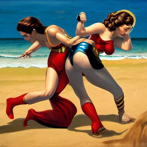 Image similar to padme and wonder woman wrestling at the beach, 8k photo, joe Jusko, artstation, Frank Frazetta