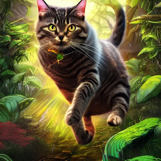 Image similar to fantasy book cover artwork of a cat running through the jungle, ultradetailed, wallpaper, 4k, prismatic