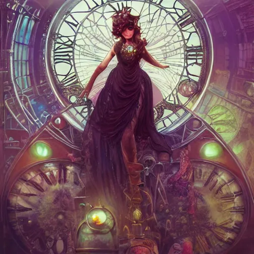 Prompt: ultra realistic illustration of steampunk magical fairy, clocktower, industrial, factory, magic spells, lenses, colorful lights, intricate, elegant, highly detailed, digital painting, artstation, concept art, smooth, sharp focus, illustration, art by artgerm and greg rutkowski and alphonse mucha