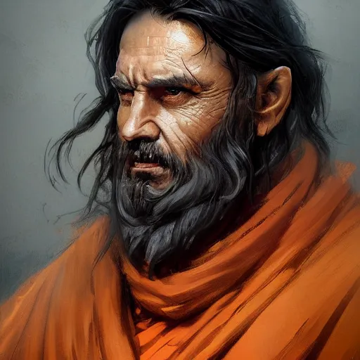 Image similar to portrait of a man by Greg Rutkowski, an old Jedi, arabian features, and olive skin, long black hair and beard, wise appearance, orange robes, Star Wars Expanded Universe, he is about 60 years old, highly detailed portrait, digital painting, artstation, concept art, smooth, sharp foccus ilustration, Artstation HQ