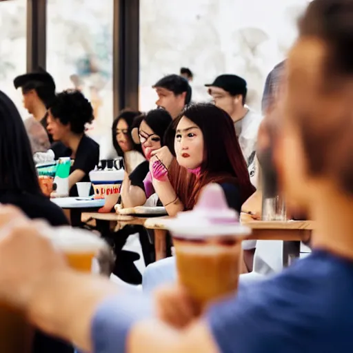 Image similar to photo of a crowd of people drinking boba milk tea while staring at the camera with soulless eyes and drool coming out of their mouths