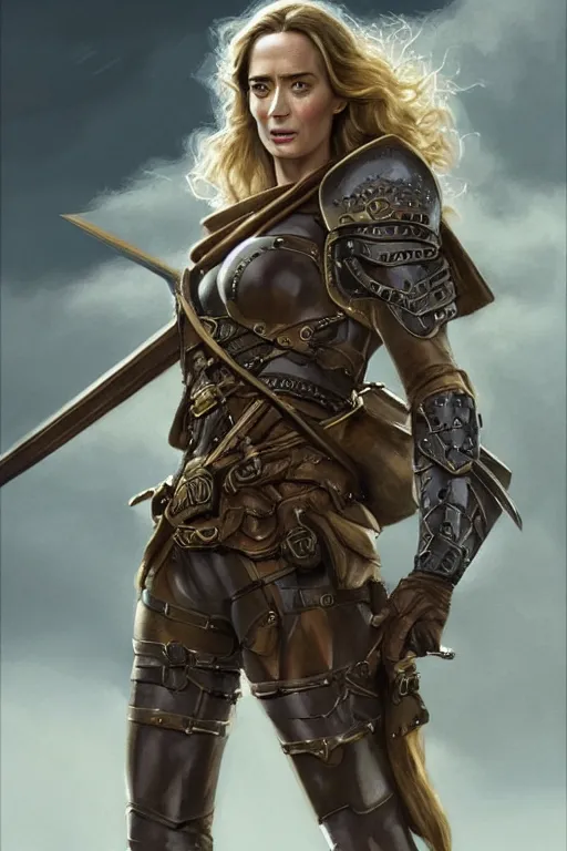 Image similar to full - body portrait of emily blunt as a ranger, metal breastplate, magical, high fantasy, d & d, by john collier, face details, extremely detailed, digital illustration